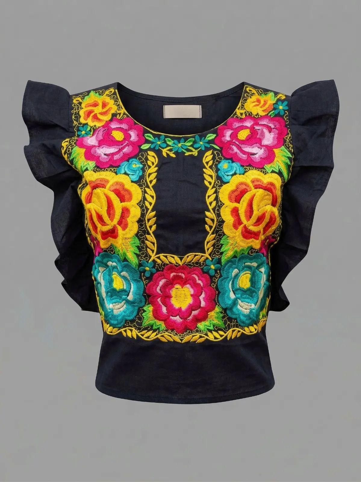 Blusa roja con bordado amarillo y mangas con olanes
