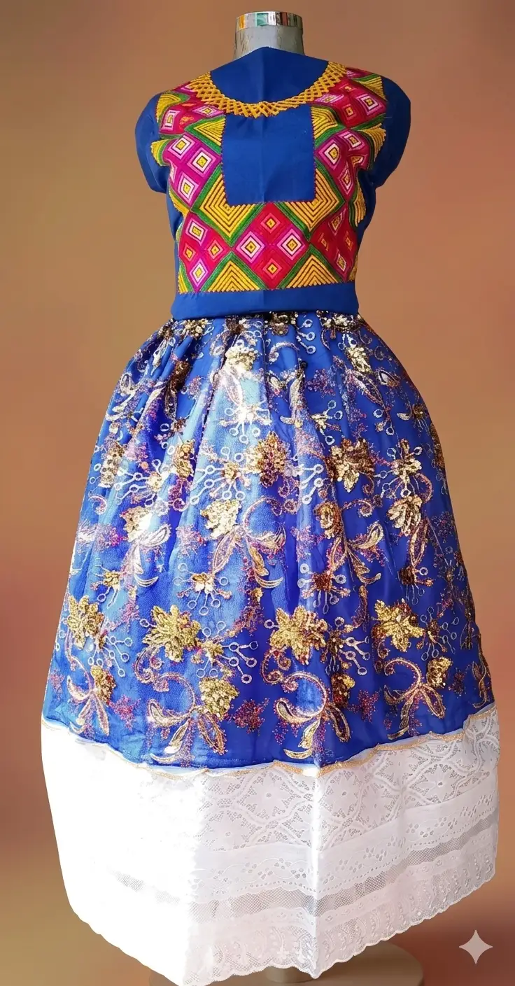 Conjunto azul con blusa bordada y falda estampada con encaje blanco