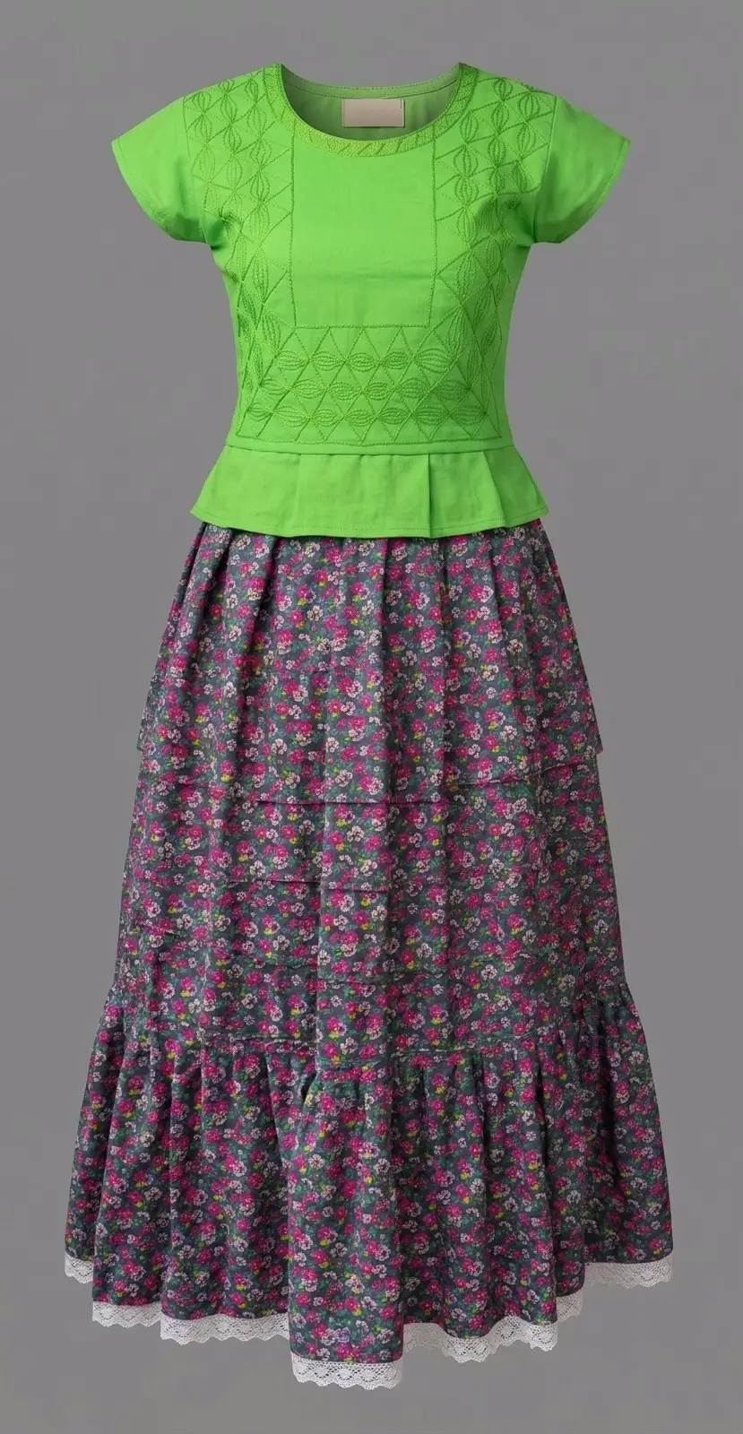 Falda rosa floral con panel celeste colgada en gancho