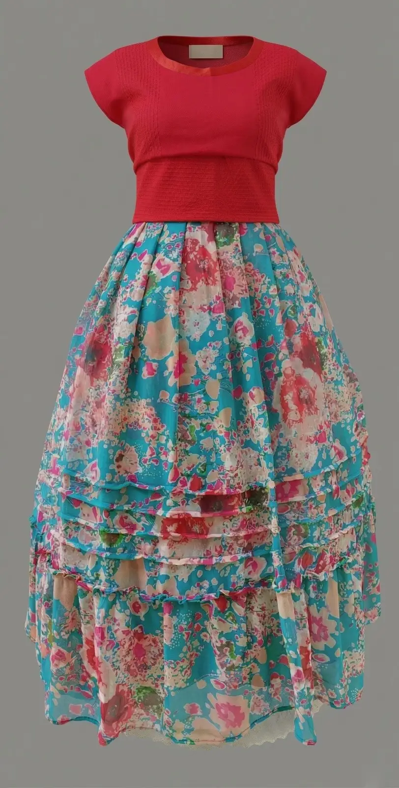 Falda rosa de olanes con blusa estampada colgada