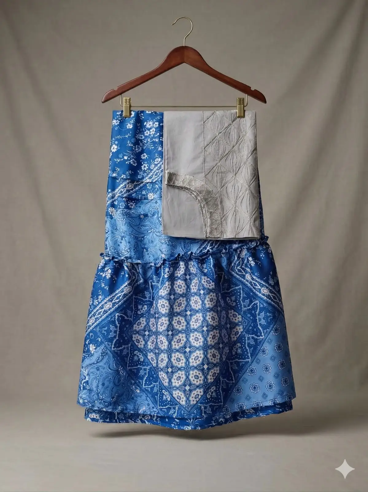 Falda azul estampada con panel plateado colgada en gancho