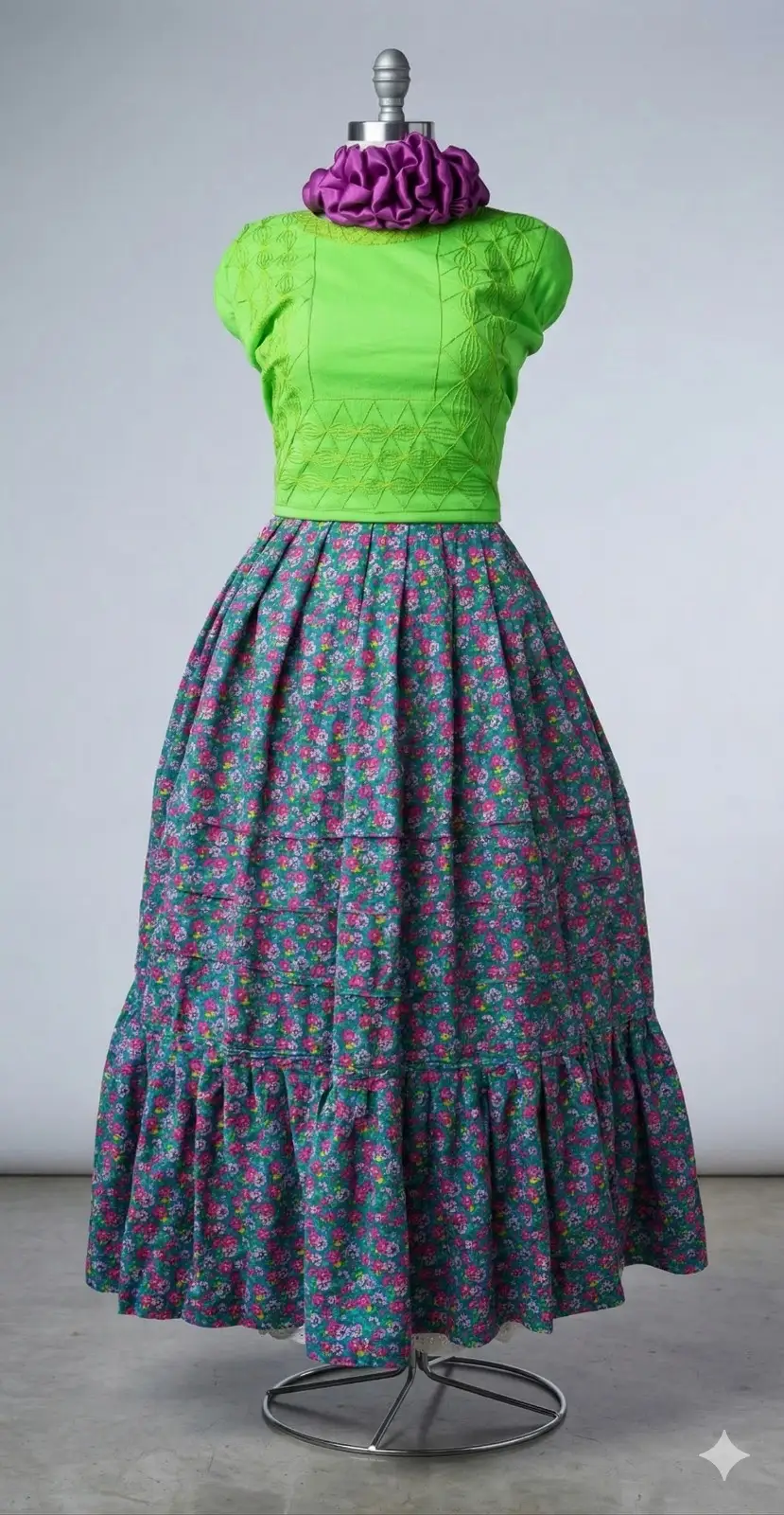 Conjunto verde con blusa ajustada y falda estampada