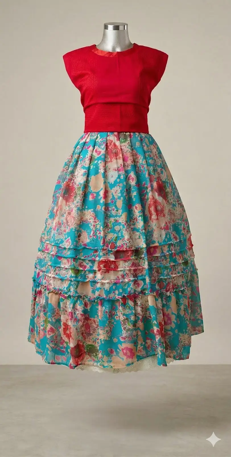 Conjunto con blusa roja y falda floral en tonos turquesa y rosa