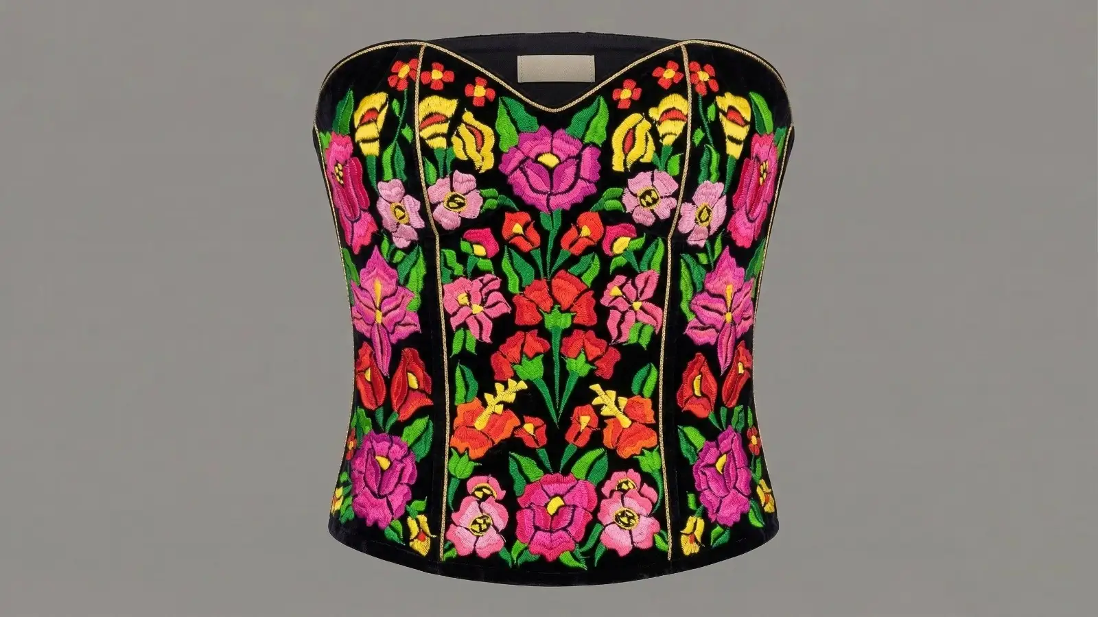 Corset artesanal del Istmo con bordado floral multicolor, vista principal