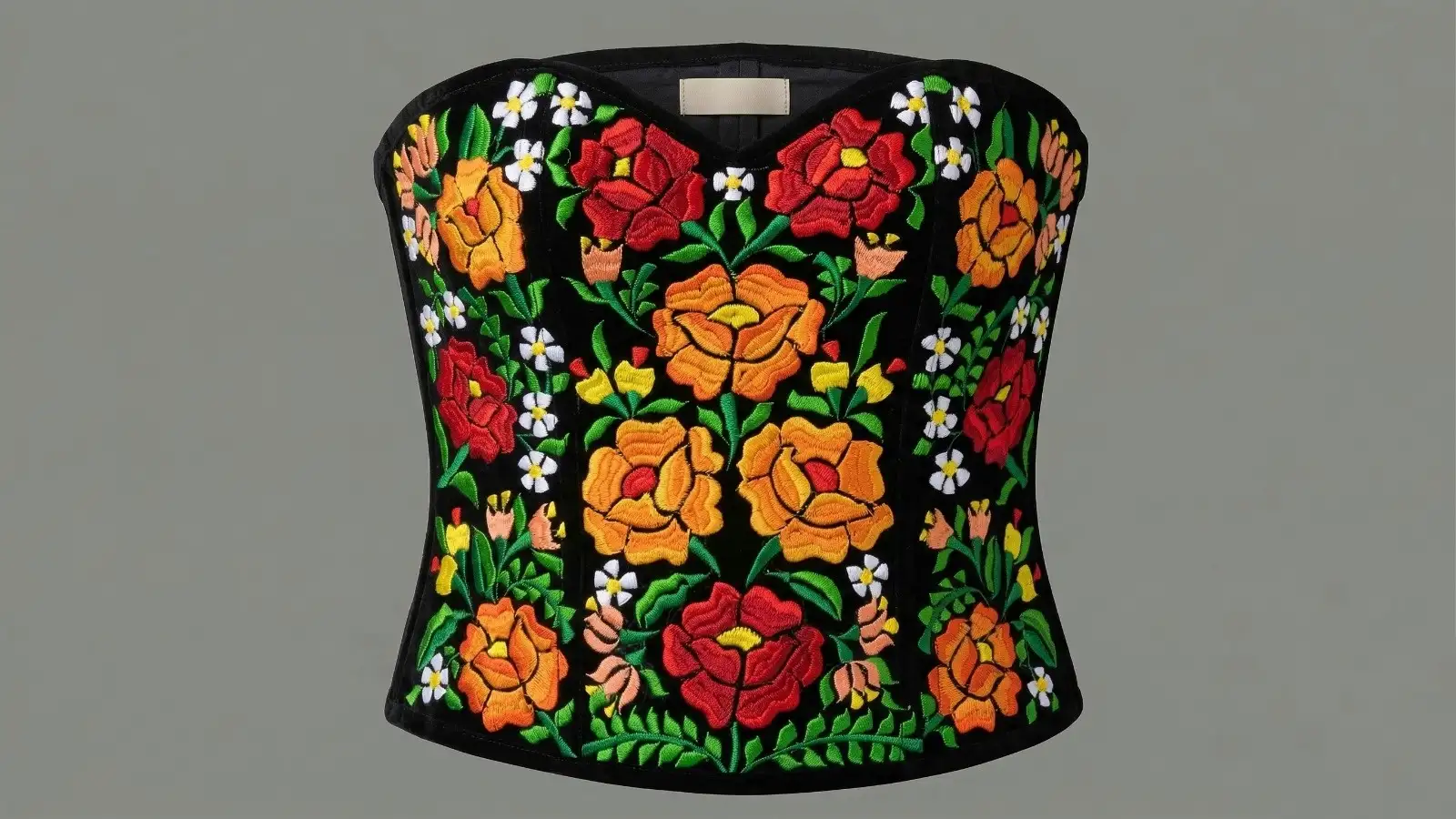 Corset artesanal del Istmo con flores de colores, tercera vista