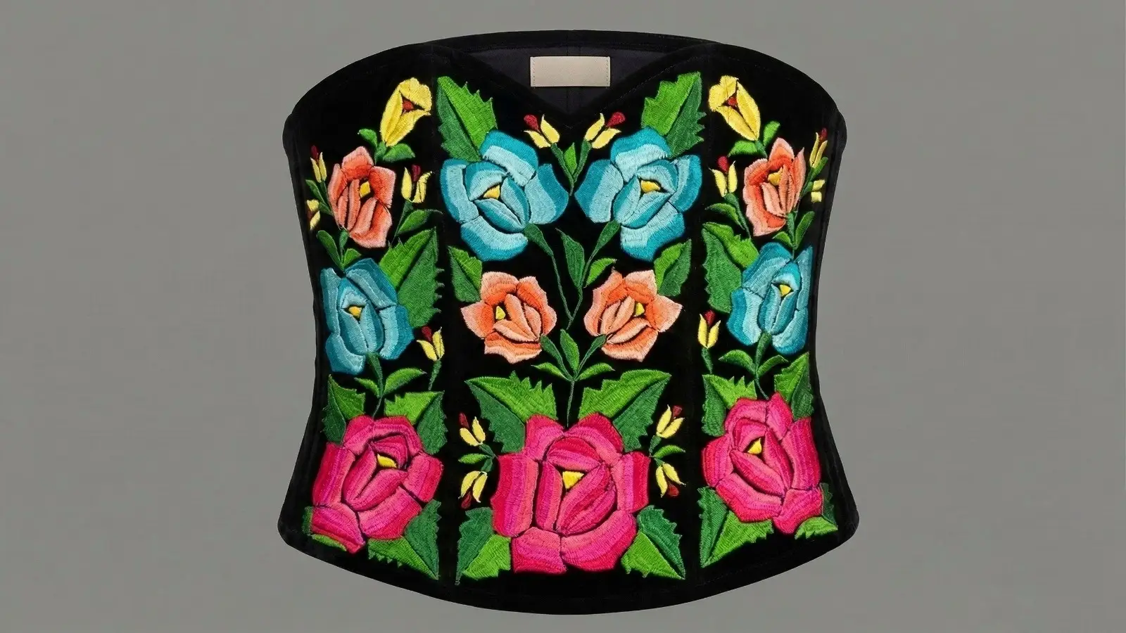Corset negro con bordado de rosas rosas y verdes