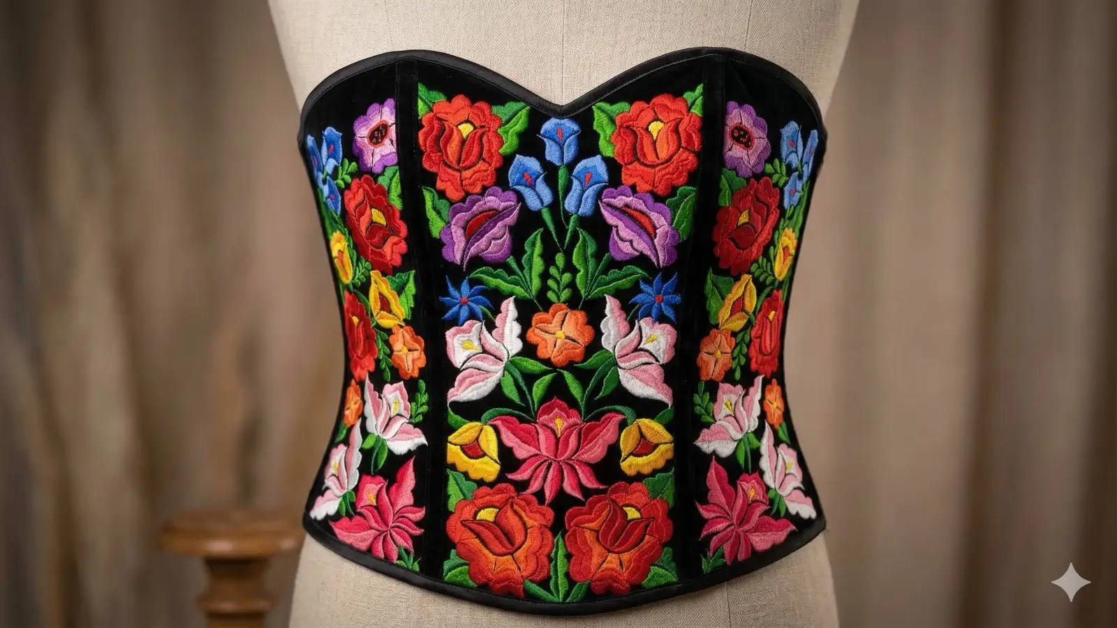 Corset negro con bordado floral multicolor en el frente