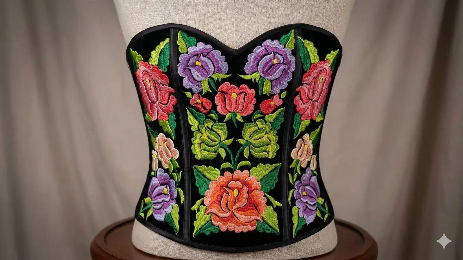 Corset negro con bordado de flores moradas, rosas y naranjas
