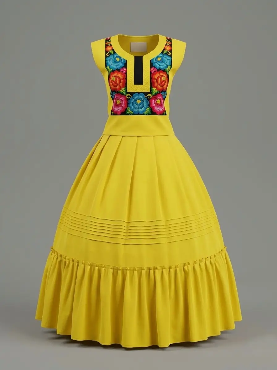 Conjunto amarillo con huipil bordado y enagua amplia