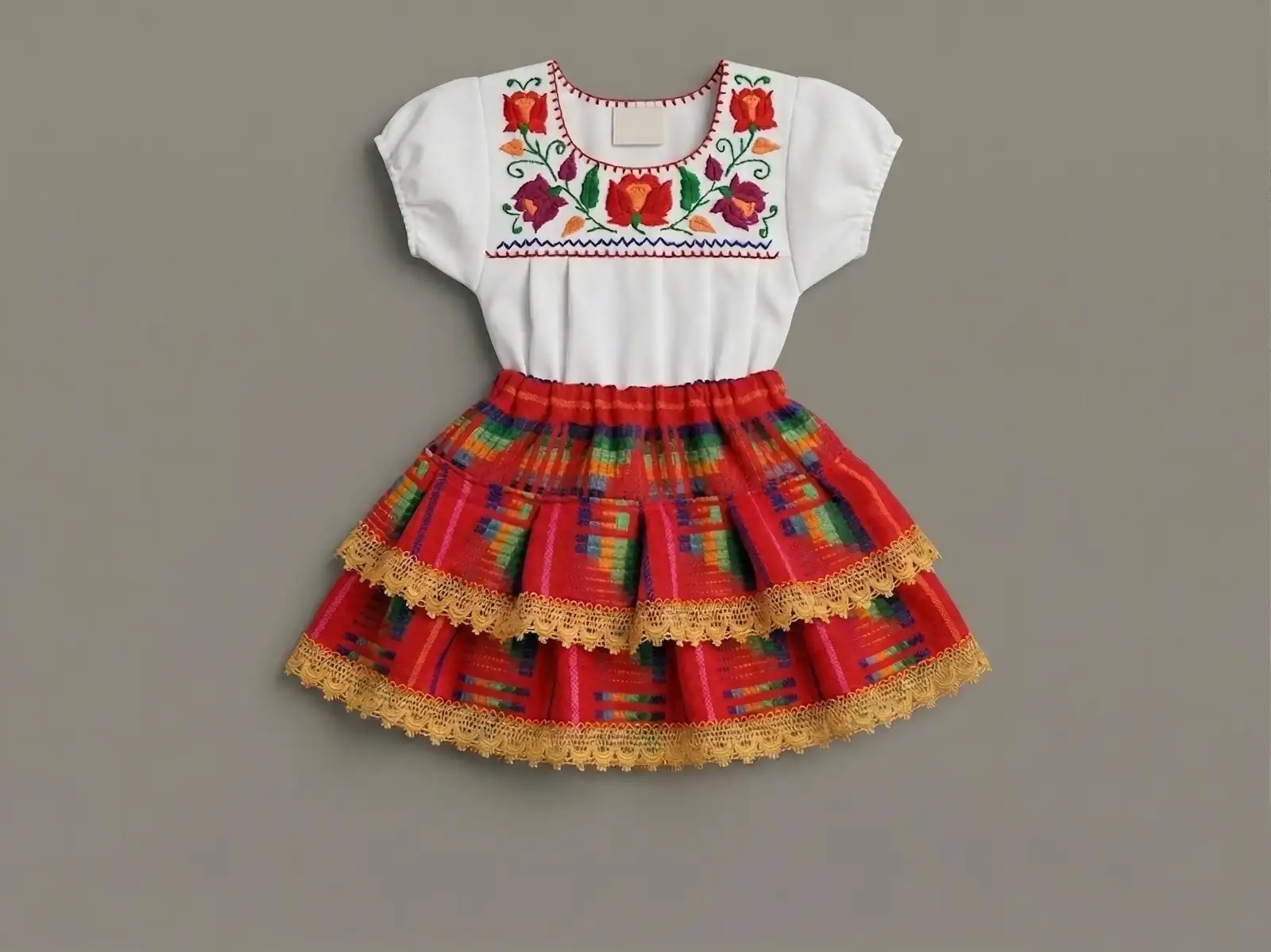 Traje infantil tradicional del Istmo con bordado y falda de olanes