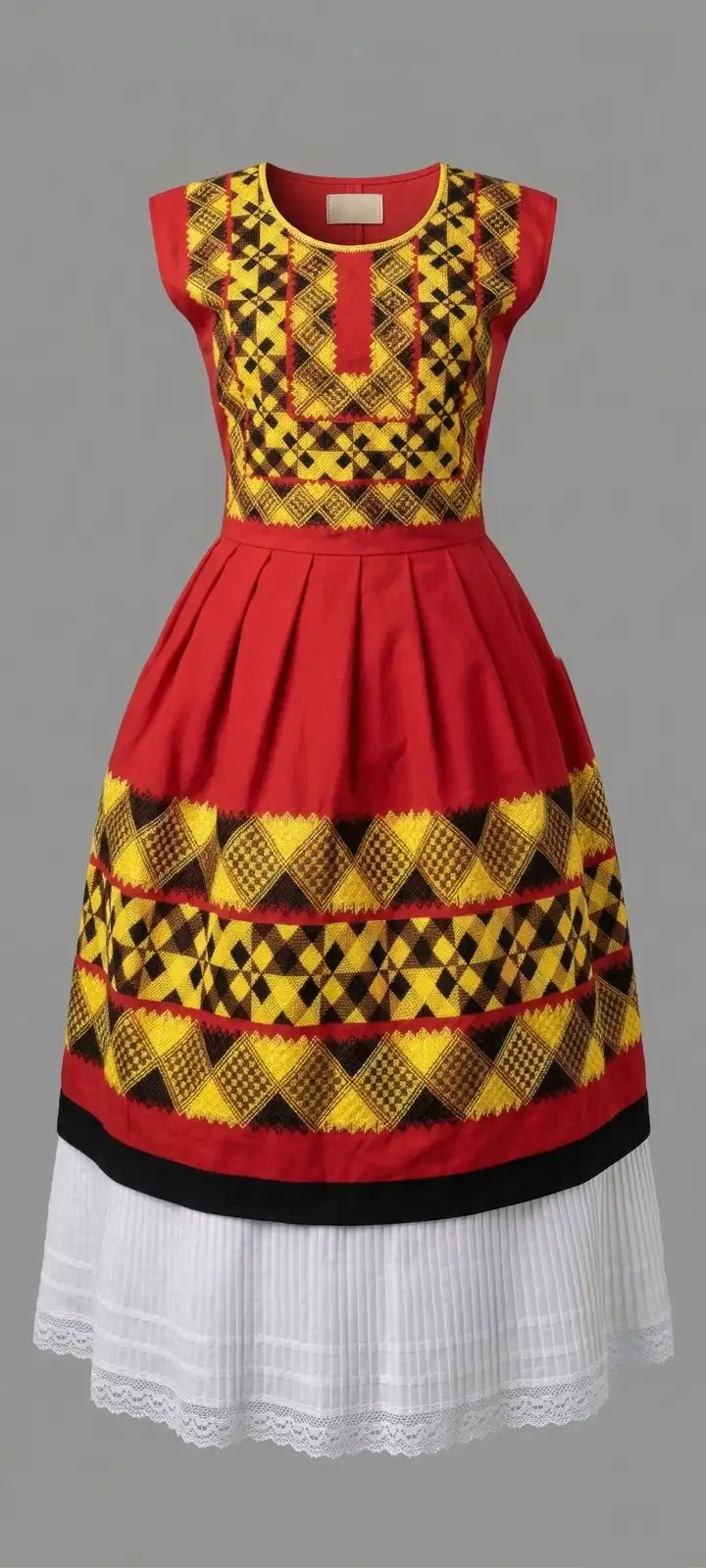 Traje negro con blusa bordada y falda con franjas doradas