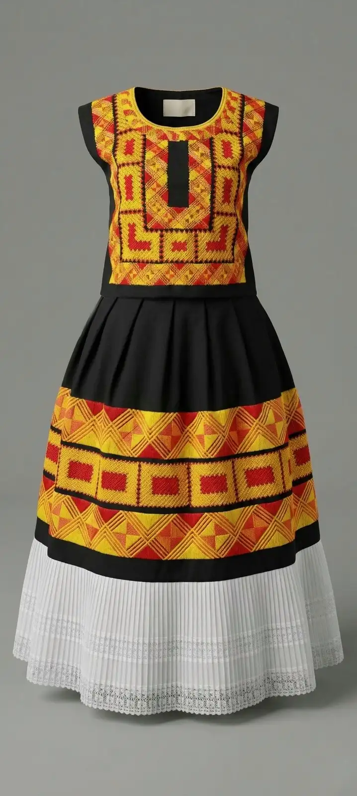 Traje verde y dorado con falda amplia y encaje blanco