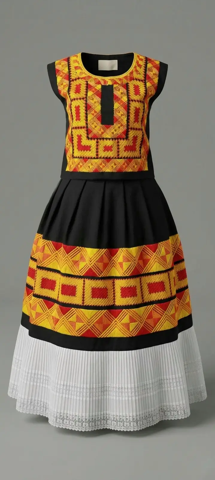 Traje verde y dorado con falda amplia y encaje blanco