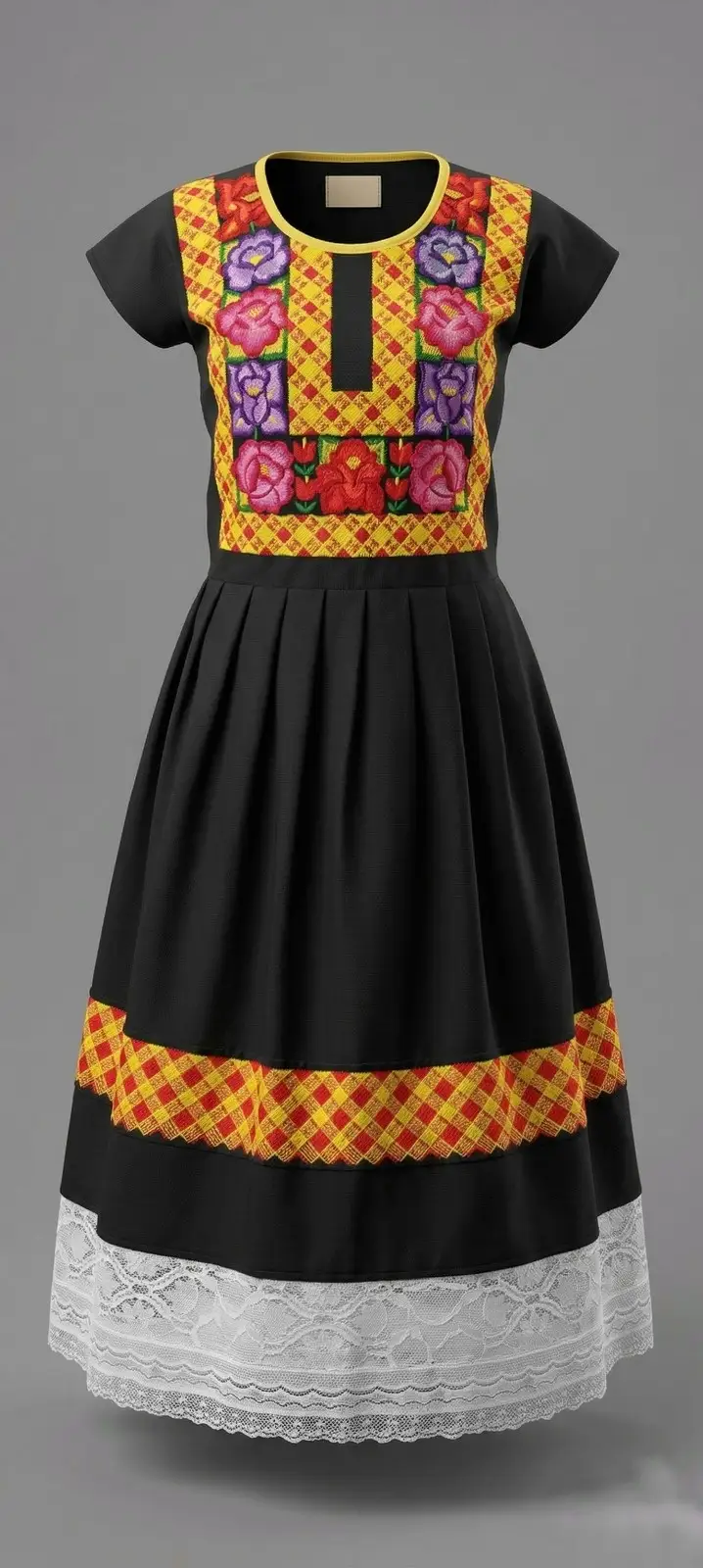 Traje negro y naranja con falda bordada y encaje blanco