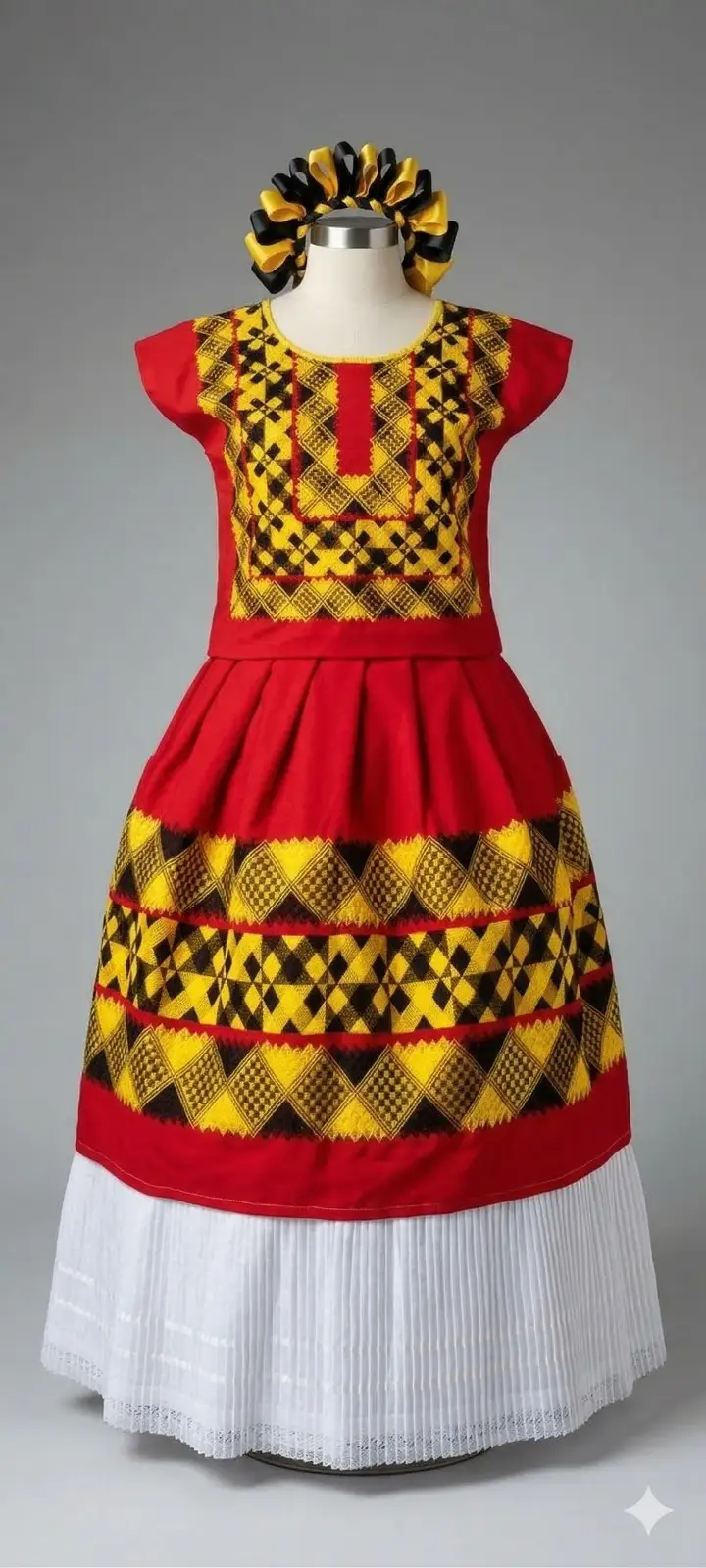 Traje rojo con bordado geométrico amarillo y falda blanca