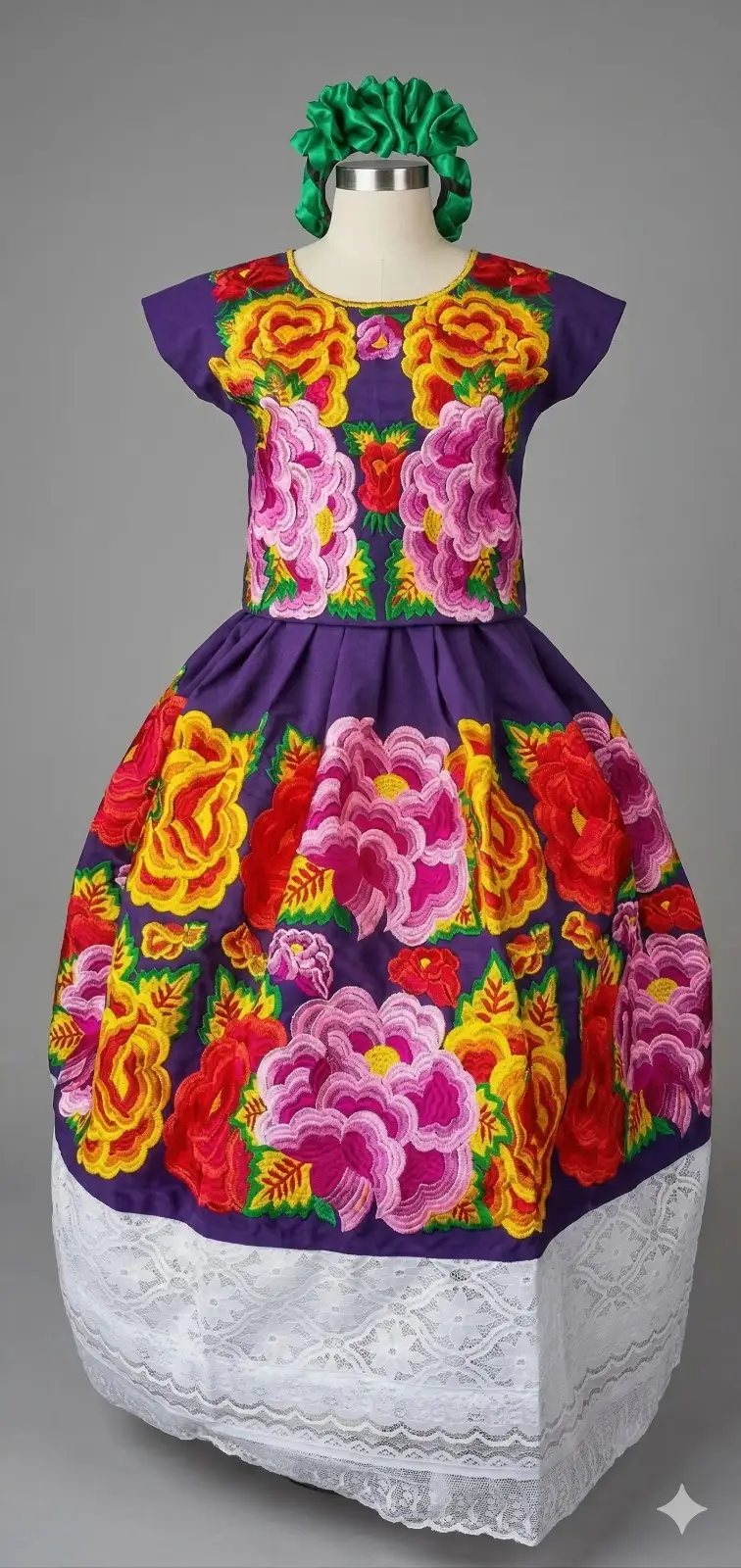 Traje negro con bordado floral rosa y falda blanca