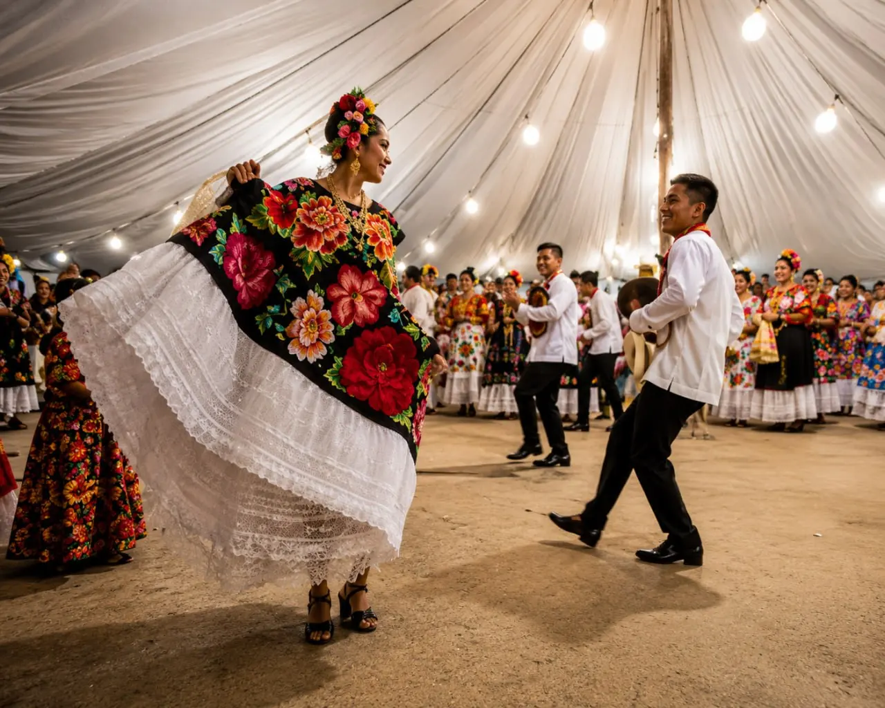 Pareja bailando en vela istmeña bajo carpa iluminada